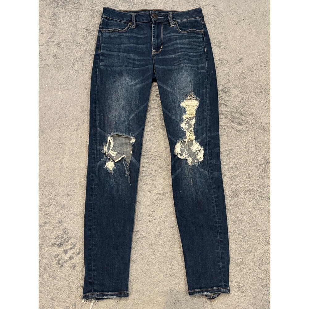 American Eagle Women 00S Blue Hi-Rise Jegging Super Stretch X Distressed Jeans